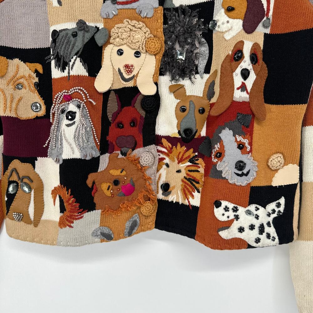 Michael Simon Vintage 90’s Dog Lover Patchwork Cardigan Sweater Beaded Novelty - Picture 3 of 13